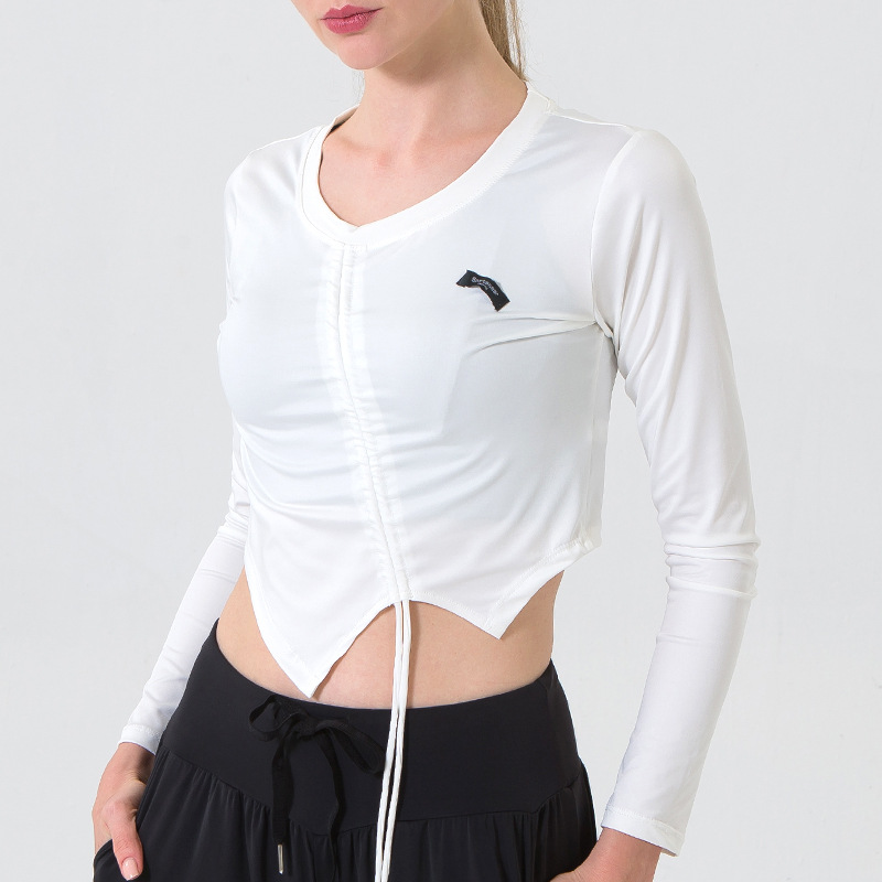 前抽繩運動上衣女長袖修身顯腰線短款T恤跑步速幹衣健身衣瑜伽服