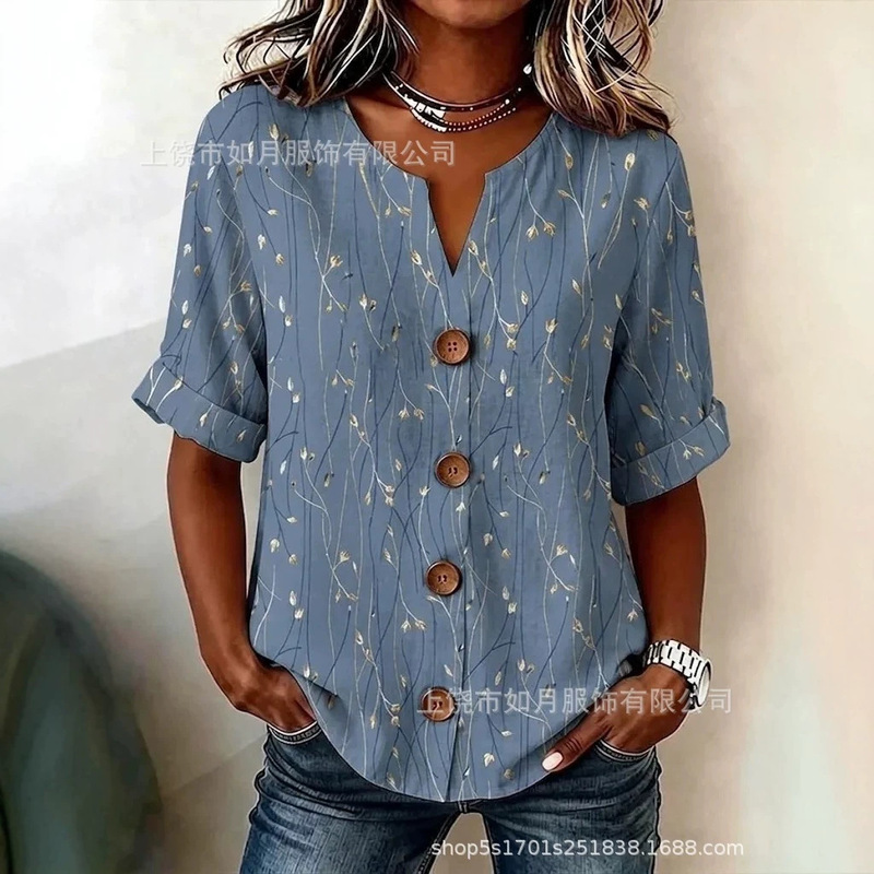 European and American Foreign Trade Spring and Summer New Style V-Neck Top 3D Printed Button Casual Women's Shirt European and American Large Size