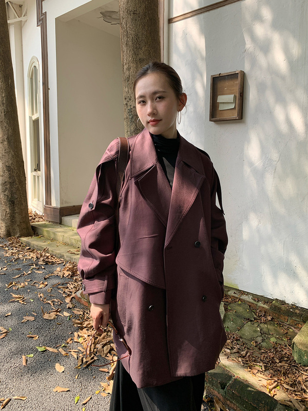 万为 英伦风单排扣外套女2025秋季新款大翻领绑带中长款风衣P3732|undefined