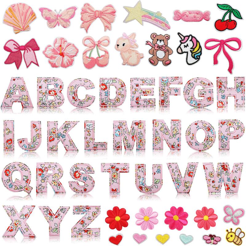 Pink Floral Letter Embroidery Patch for Clothing Decoration, Cartoon Unicorn Patch, Flower Bear Computer Embroidery Patch