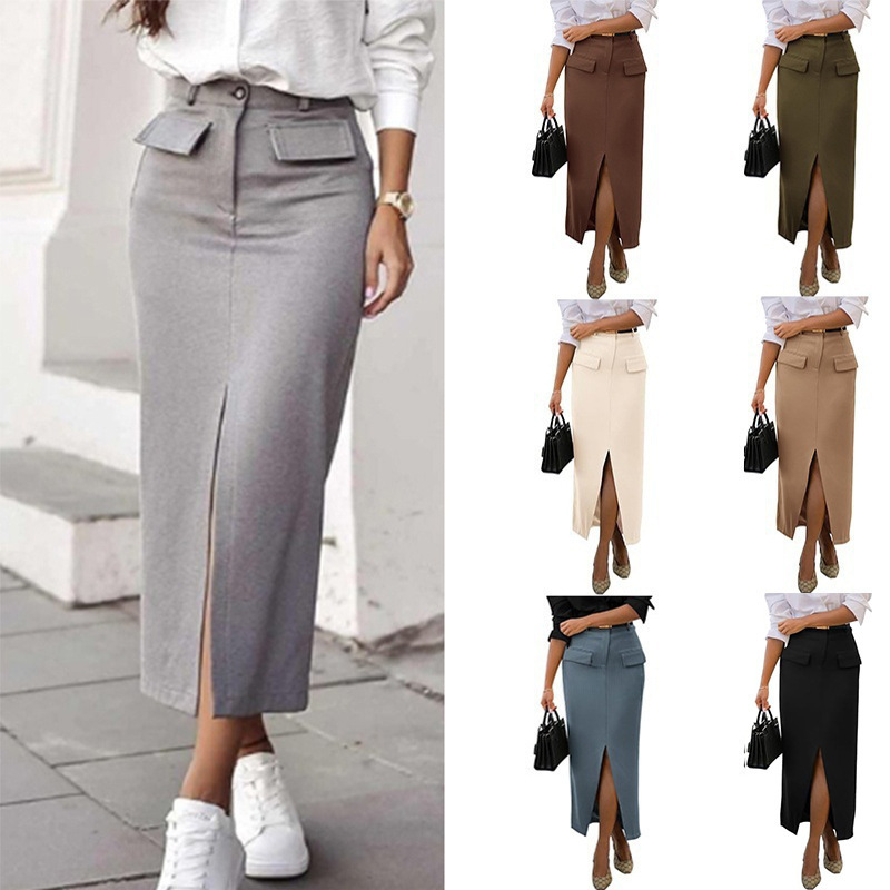 Cross-Border European and American Amazon Women's Elegant Office Casual Pocket Slit Pencil Skirt Slim-Fit Elegant Half Skirt
