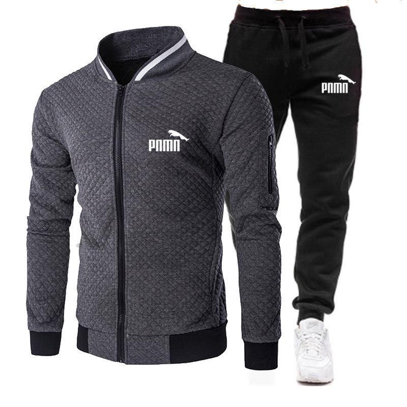 Cross-Border Hot-Selling Spring and Autumn Trendy Baseball Jacket with Stand Collar, Zipper Cardigan, Plaid Sweatshirt, and Sweatpants Two-Piece Sports Set