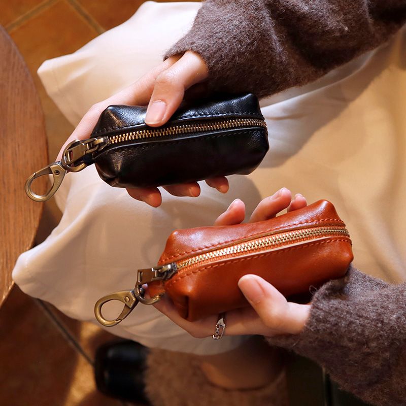 First-Layer Vegetable-Tanned Leather Key Pouch, Multifunctional Genuine Leather Small Bag, Vintage Waist-Hanging Car Zipper Key Holder, Coin Purse