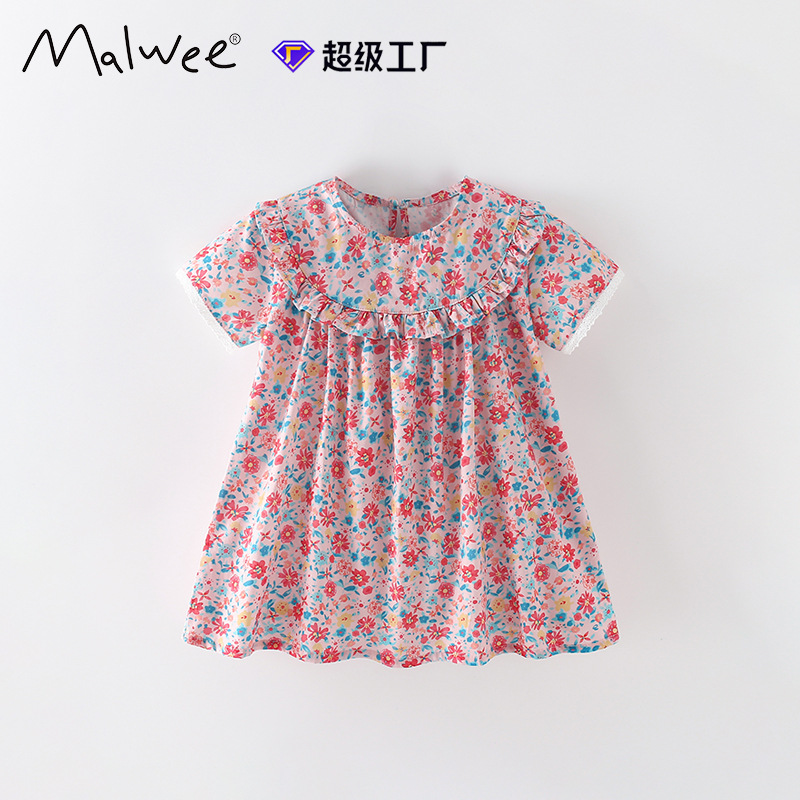Malwee transfronterizo vestido de princesa de niñas verano nuevo cuello redondo mangas cortas Europa y América falda de niños vestidos de niños