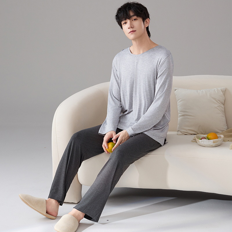 Pijamas modales para hombres primavera y otoño pantalones largos de mangas largas sueltos de tamaño grande verano para hombres simple set de ropa de casa gris