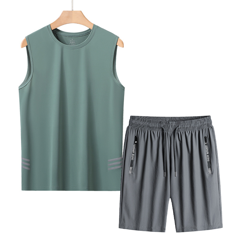 Traje de chaleco de seda de hielo de talla extra grande para hombres, chaleco deportivo fino de mediana edad y ancianos, traje de dos piezas suelto de verano para papá