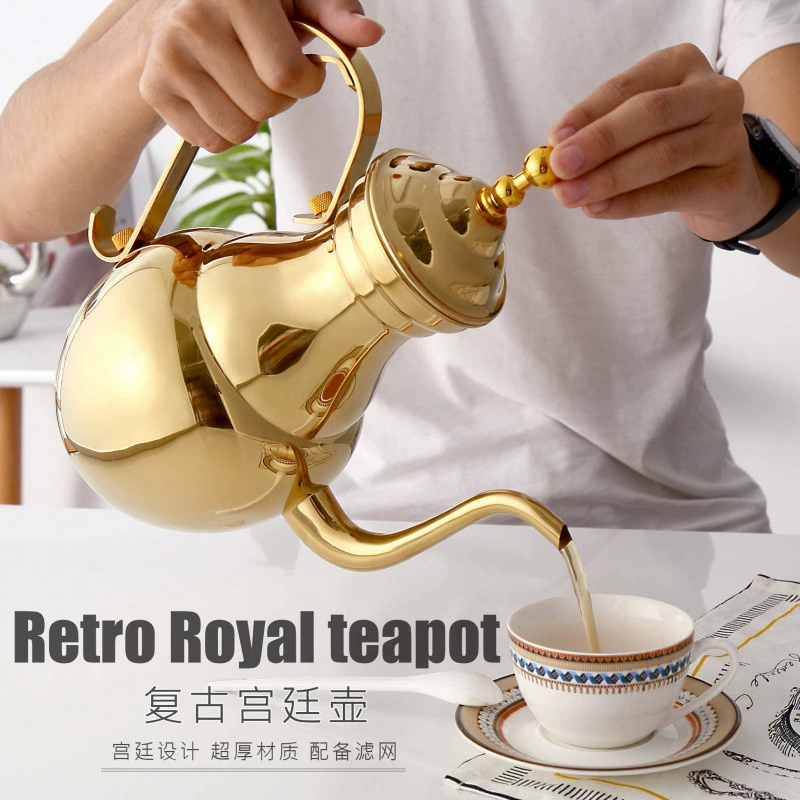 Чайник из нержавеющей стали для использования в отелях с длинным носиком, дворцовый чайник в стиле ретро, ​​чай с фильтром, большая кастрюля для ресторана