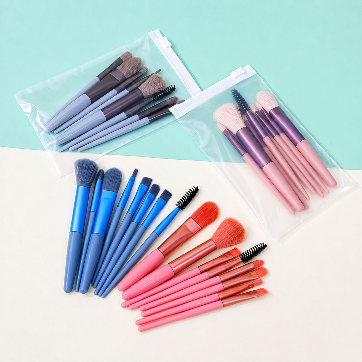 Juego de brochas de maquillaje mini de 8 piezas en stock con cerdas suaves para principiantes, incluye brocha para sombra de ojos y brocha para base, juego completo de herramientas de belleza al por mayor.