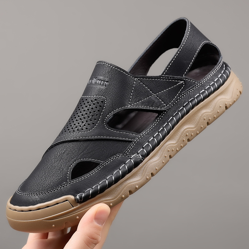 2026 Summer New Men's Handmade Casual Shoes, Breathab Hollow Out Shoes With Velcro Straps, Leather Sandals For_voghion.com