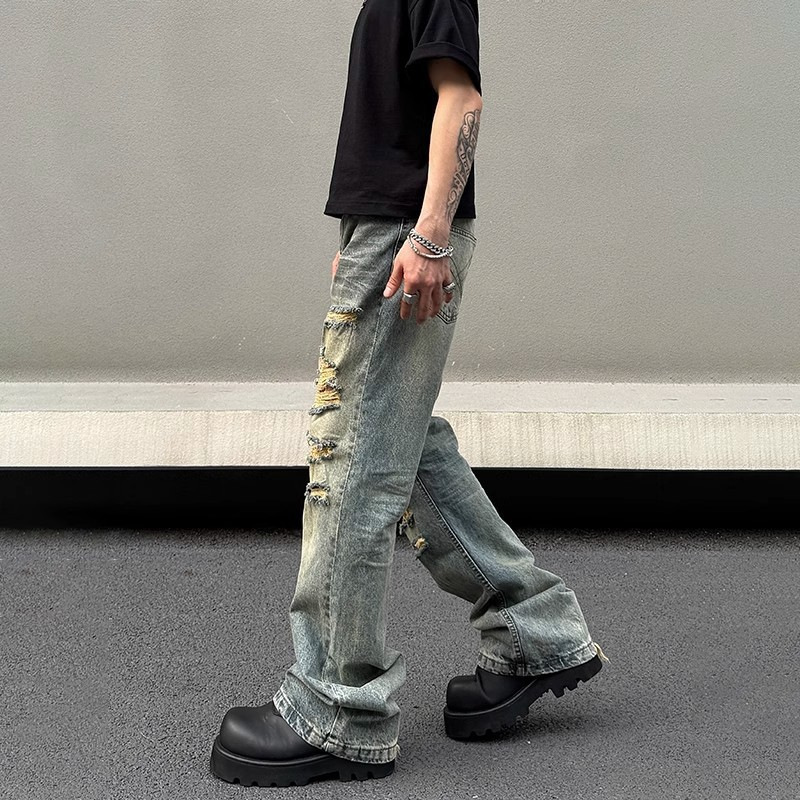 In-Stock 2025 American-Style Yellow Mud Ripped Jeans for Men, Summer Straight-Leg Flared High Street Distressed Cleanfit Pants