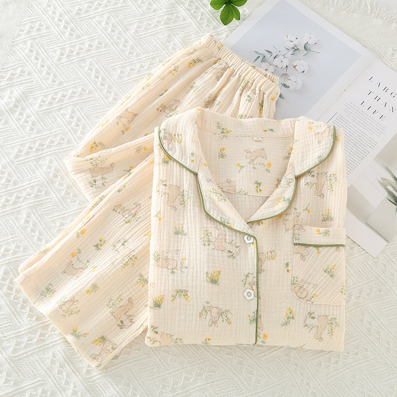 Algodón crepé pijamas de las mujeres amor crepé traje de solapa de gasa de algodón cómodo traje de desgaste casero