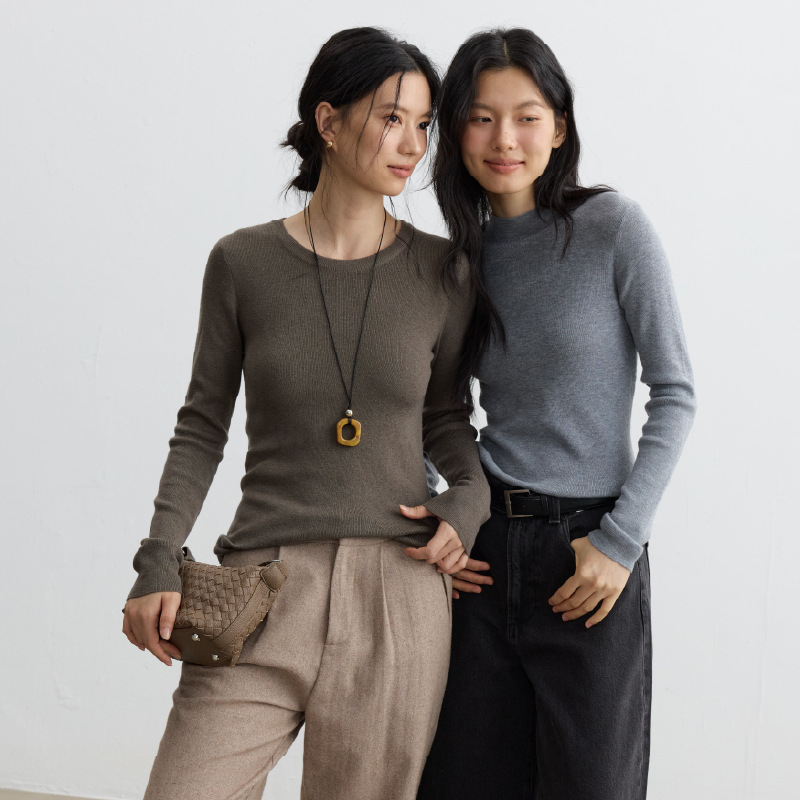 Autumn and winter silk wool base shirt for women 2026 new model simple versatile knitted sweater slim fit soft round neck top