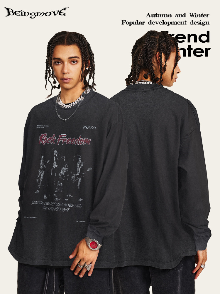 2025 otoño estilo americano de moda estilo callejero vent Punk oscuro vintage suelto camiseta de manga larga hombre venta cruzada