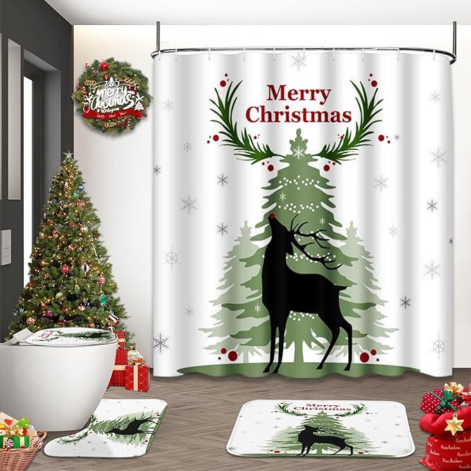 Cross-Border Christmas Modern Design Christmas Tree Print Shower Curtain Four-Piece Set Bathroom Floor Mat Polyester Waterproof Shower Curtain