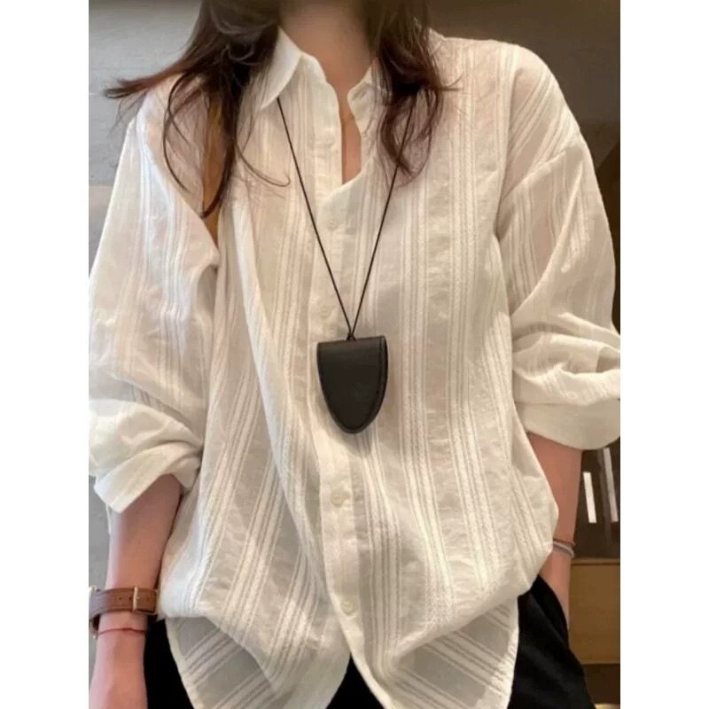 French-Style Elegant White Collared Shirt for Women, New Spring/Summer Loose Fit, Tummy-Covering Long-Sleeve Sun Protection Shirt