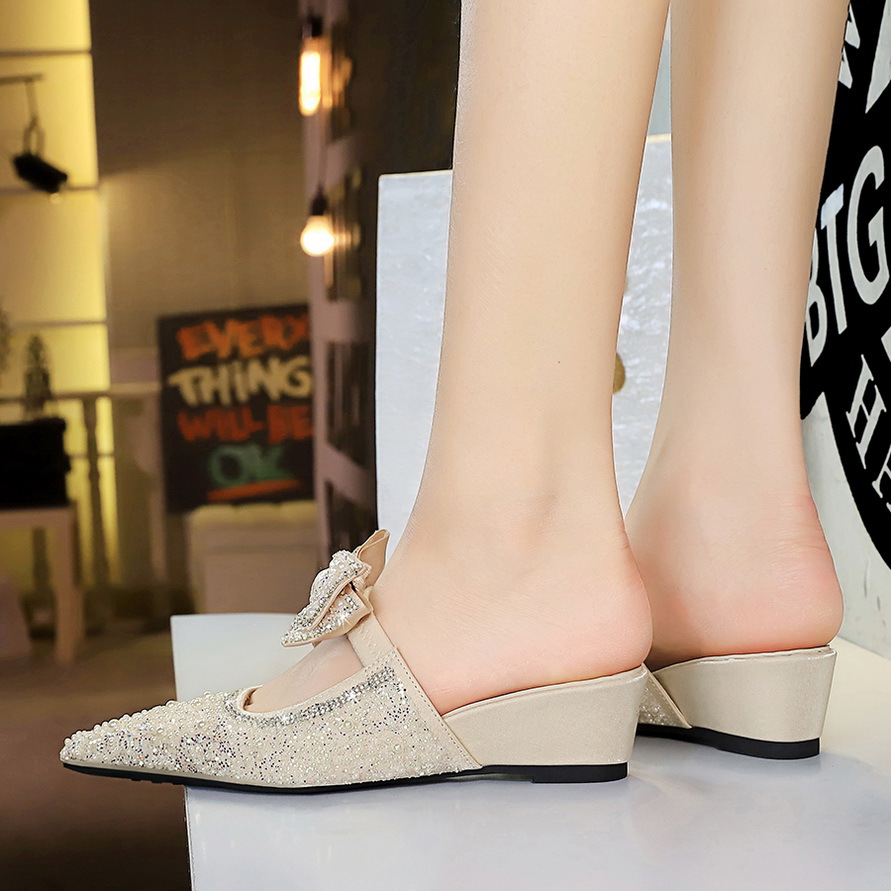 599-1 French Fairy Style Bowknot Pearl Rhinestone Peep Toe Mules For Women High-end Elegant Slip-on Shoes_vogvips.com