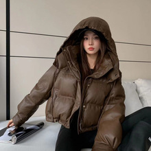 欧货pu皮短款免洗连帽羽绒服女冬2025新款韩版加厚外套美拉德色系