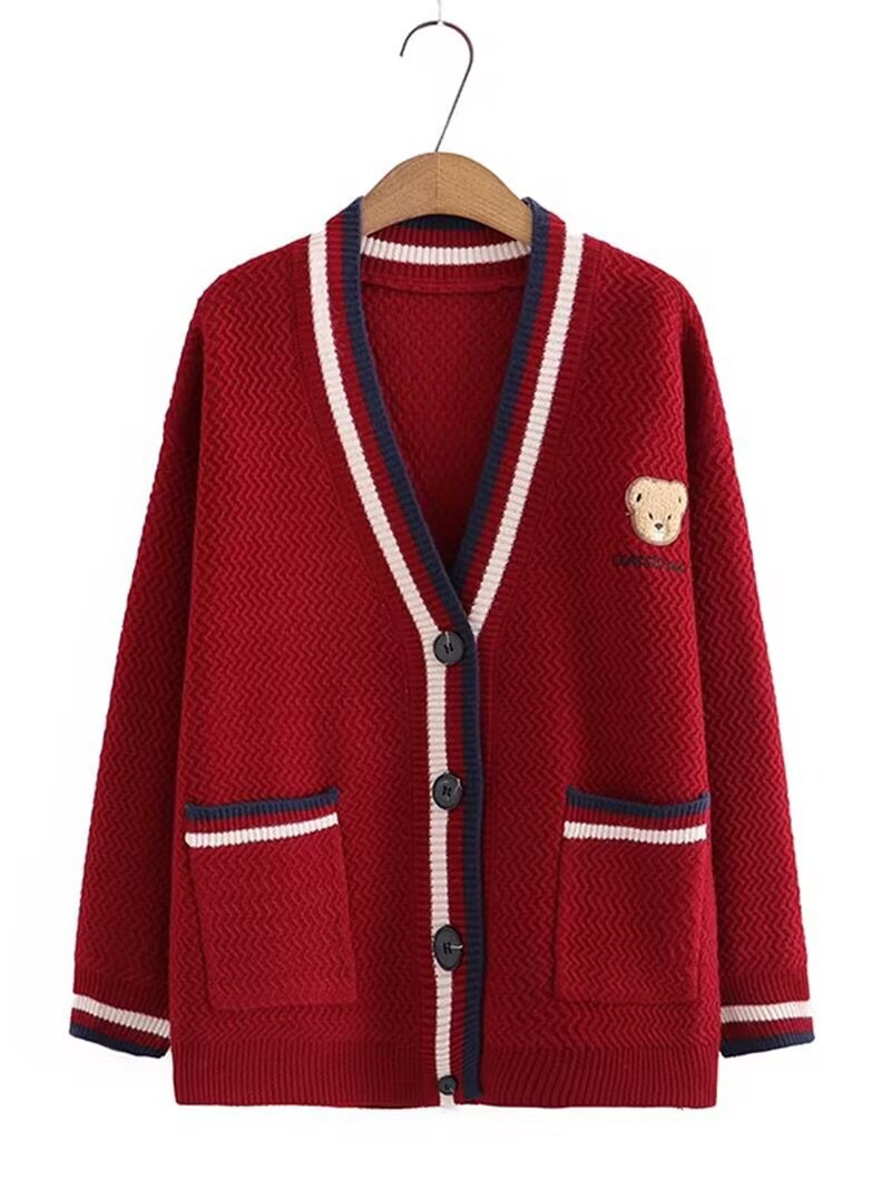 Damen V-ausschnitt Strickjacke Mit Bären-muster Im Lazy-style_voghion.com