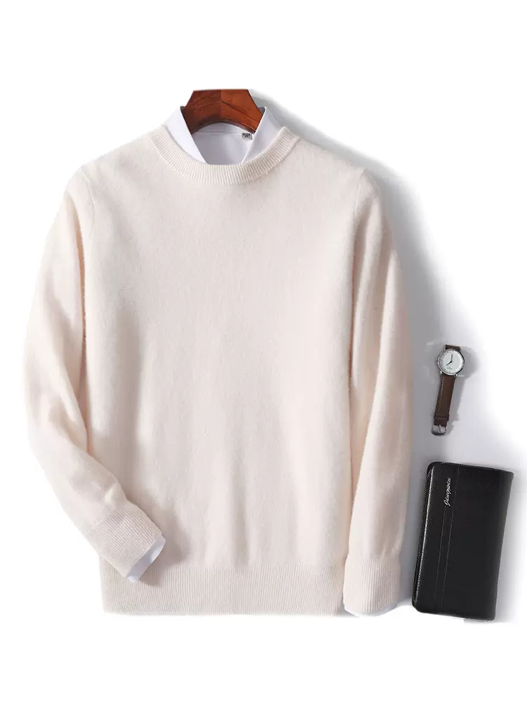 秋冬新款青年商务休闲毛衣男士羊毛衫纯色宽松圆领羊毛针织打底衫