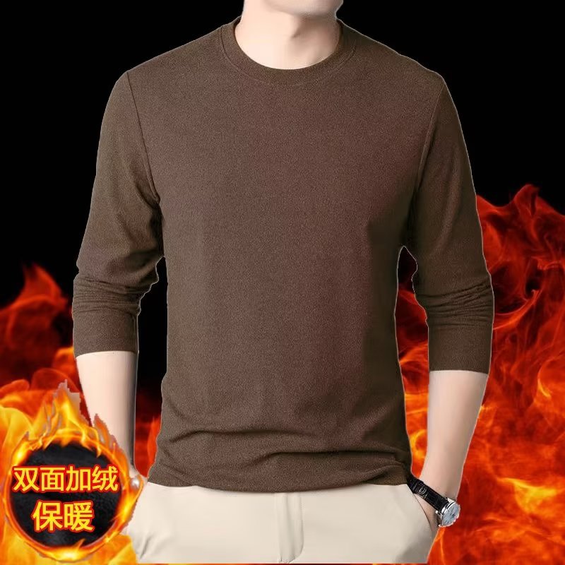 Origen Fabricante Calentador Ropa interior térmica Camiseta de camiseta para hombre Cuello redondo largo Otoño e invierno Camisa delgada de doble cara con base de terciopelo alemán