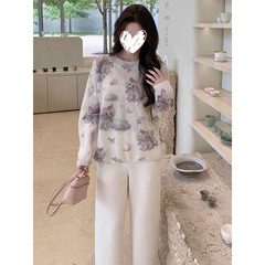 秋冬新款卡通猫咪印花长袖套头针织毛衣女慵懒风软糯宽松上衣穿搭