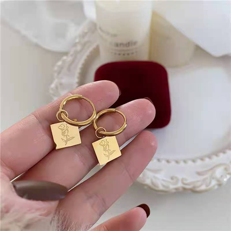 Retro Portrait Round Square Titanium Steel Drop Earrings 1 Pair