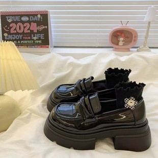 British Style All-match Small Leather Shoes Women's 2024 Winter New Style Platform Black Loafers with Thick Bottom One-step Single-layer Shoes for Women