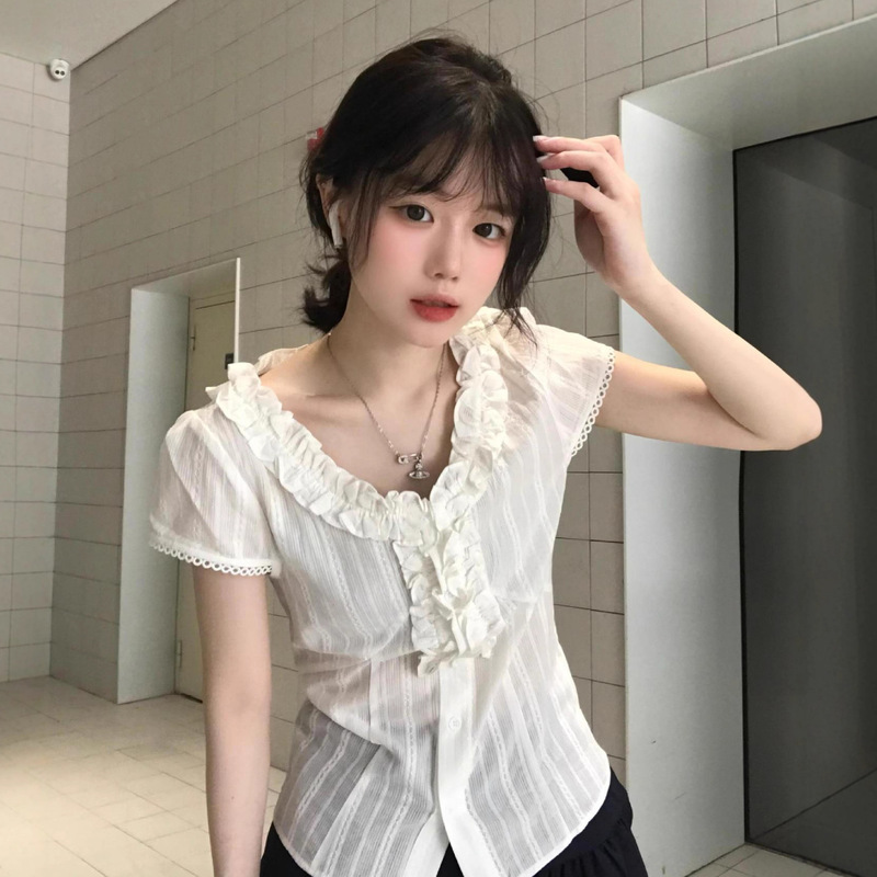 French Retro Ruffled Sweet Girl Shirt Women's Summer Lace Waist Slimming Short-Sleeved Shirt White Top French Retro Ruffled Sweet Girl Shirt Women's Summer Lace Waist Slimming Short-Sleeved Shirt White Top