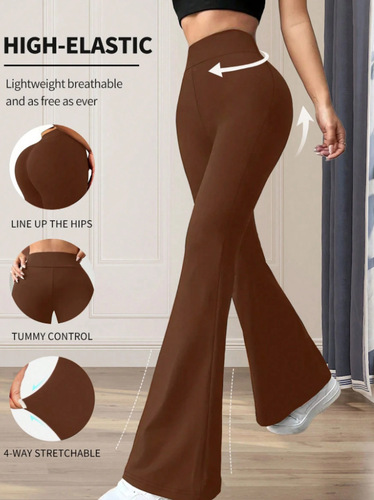 New European and American Solid Color Casual High-Waisted Yoga Pants — Stretchy Sports Flared Trousers