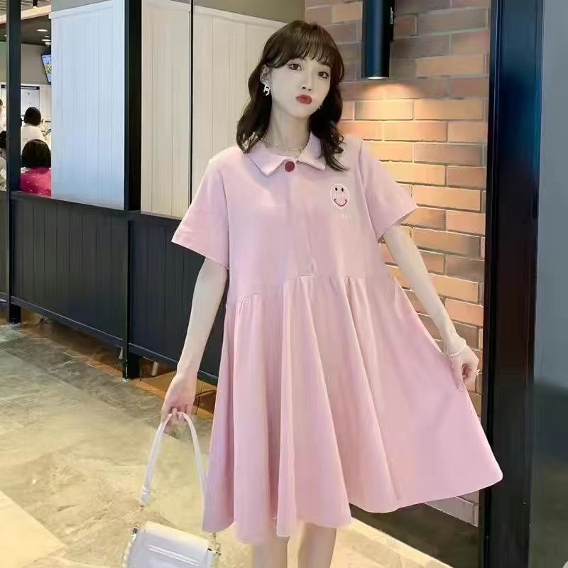 Pregnant Women's Summer Dress Polo Collar Short-sleeved dress Pregnant Period Fashionable Loose Belly Covering A- line Dress Midi Pregnant Women's Dress