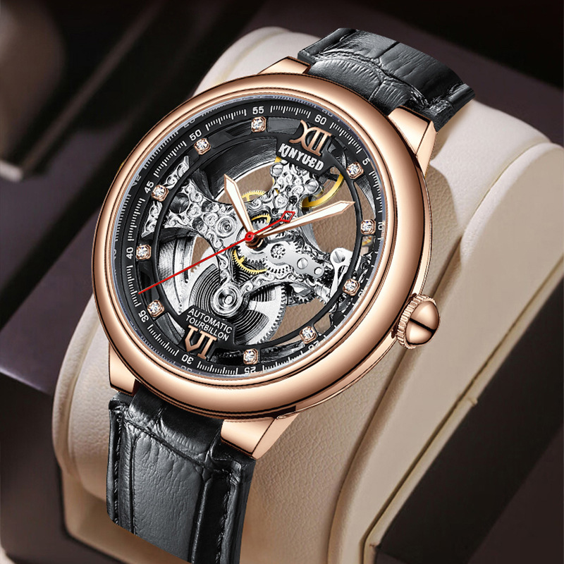 Kinyued Men's Automatic Mechanical Watch Hollow Transparent Bottom Genuine Men's Watch with Waterproof Function Trendy Men's Wristwatch