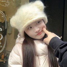 吸吸同款小熊耳朵帽子女手工粗棒钩针马海毛可爱保暖包头毛线帽潮