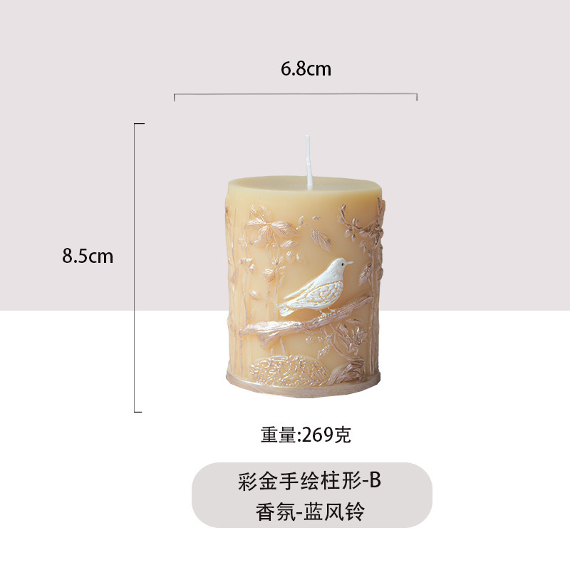 跨境热销彩金手绘柱形蜡烛造型香薰蜡烛装饰饰品花绘法式优雅高级|undefined