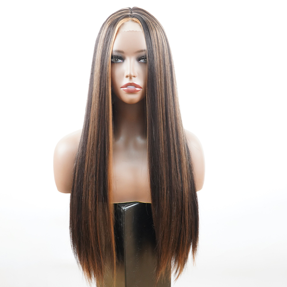 Synthetic wig Front lace split color long hair straight elastic mesh wigs_voghion.com