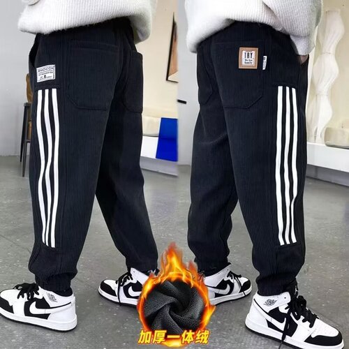 Thickened corduroy lined men's pants for autumn and winter, trendy brand track pants, loose pants with turn-up cuffs, casual pants, fashionable pants.