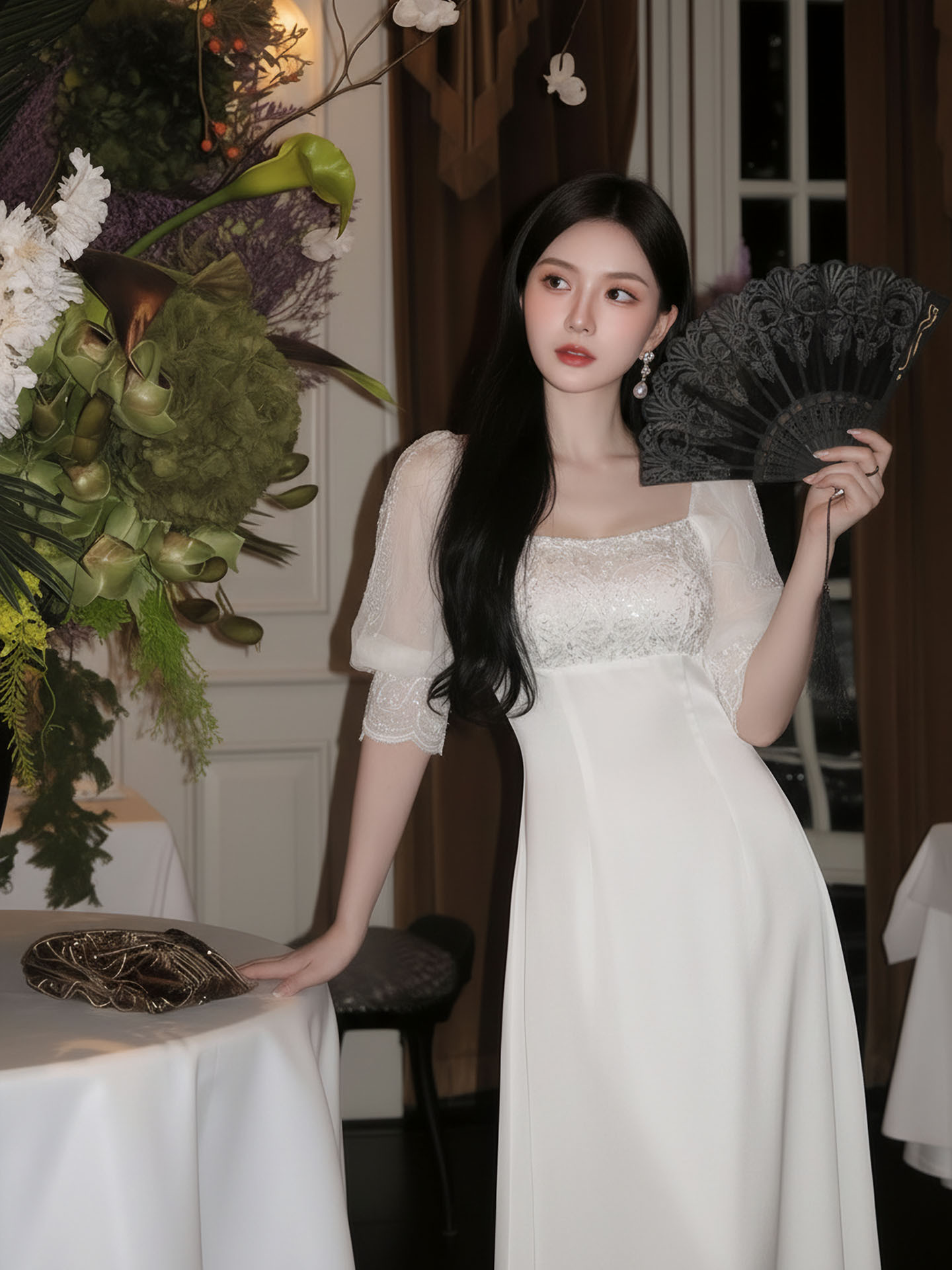 Đầm maxi nữ thắt eo tay dài ren cao cấp phong cách Pháp — màu trắng