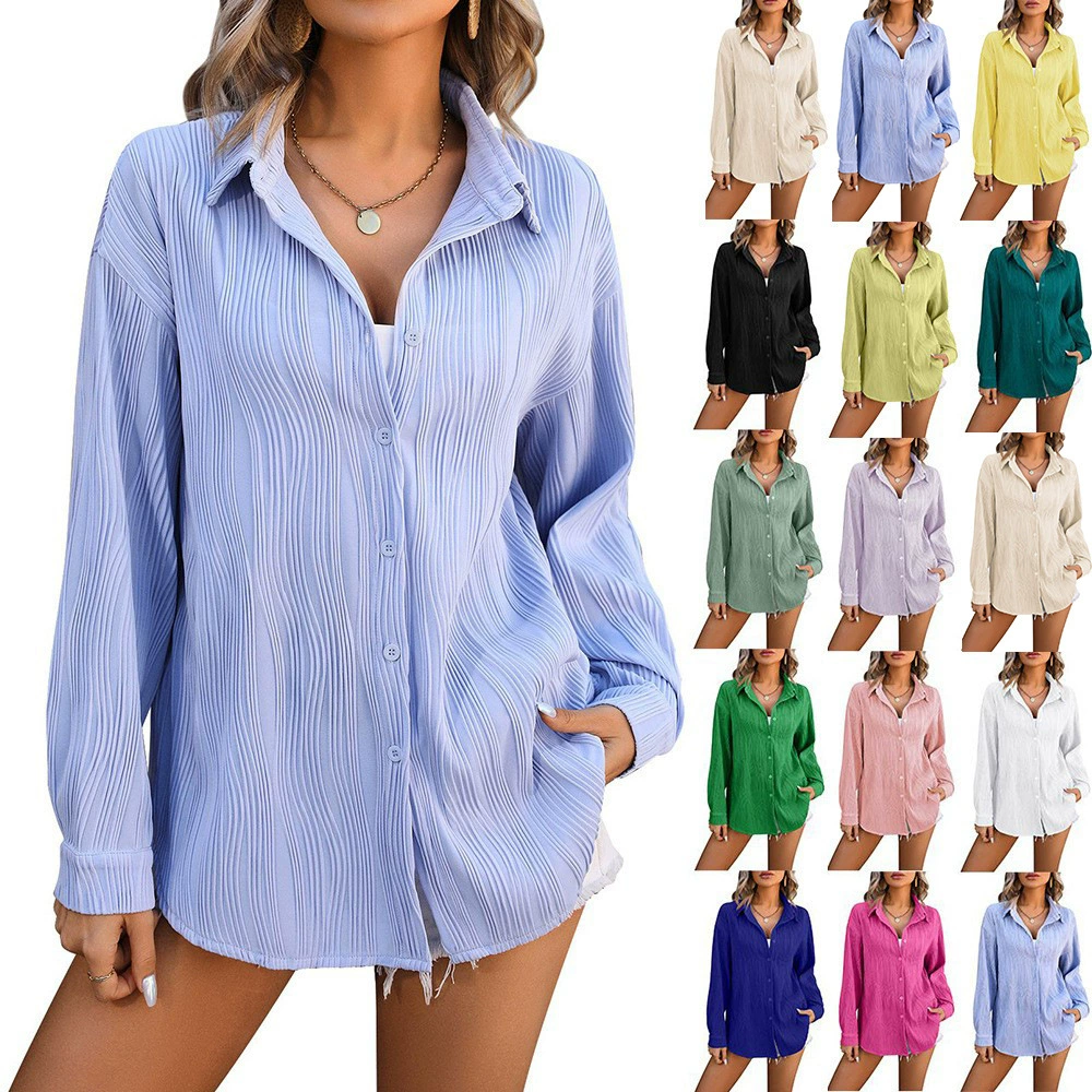 Трансграничная европейская и американская женская одежда 2024 весна и лето новая независимая станция Amazon волнистая текстура свободная мода рубашка женская