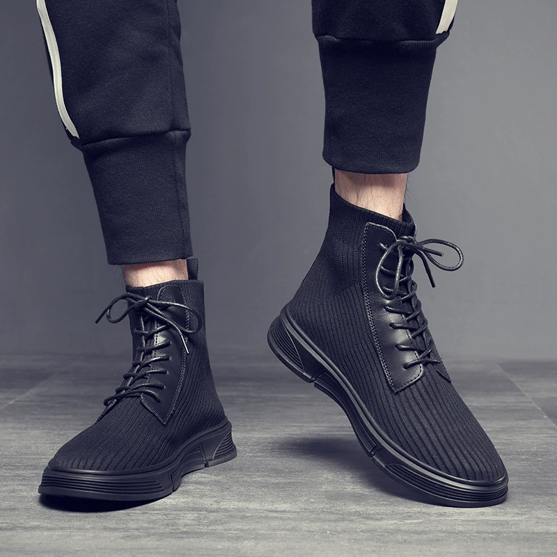 Ботинки, весенне-осенние дышащие модные мужские туфли, тканевая рабочая одежда с высоким берцем, модные ботинки, повседневные вязаные носки, трендовая обувь