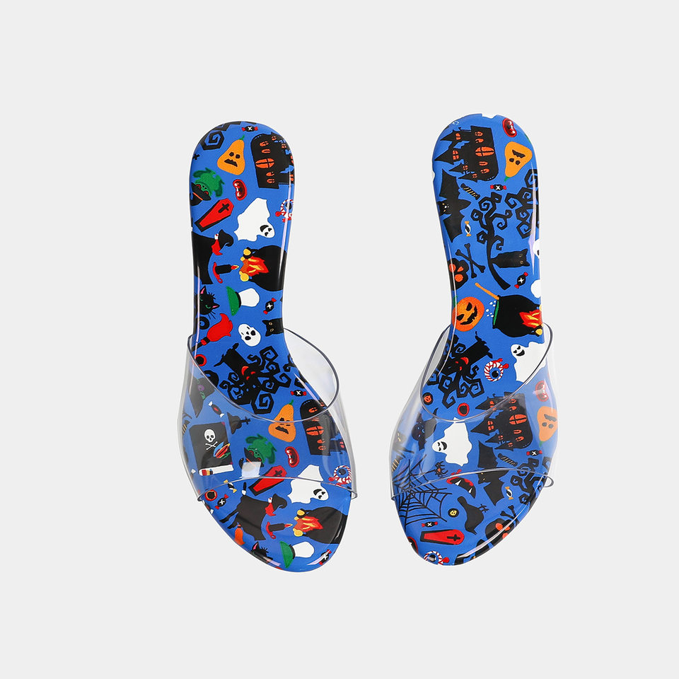 Dép sandal nữ quai ngang mũi hở, đế mỏng gót nhọn cao trên 8 cm, phối họa tiết trong suốt — Màu xanh da trời, trắng, đen chi tiết 4