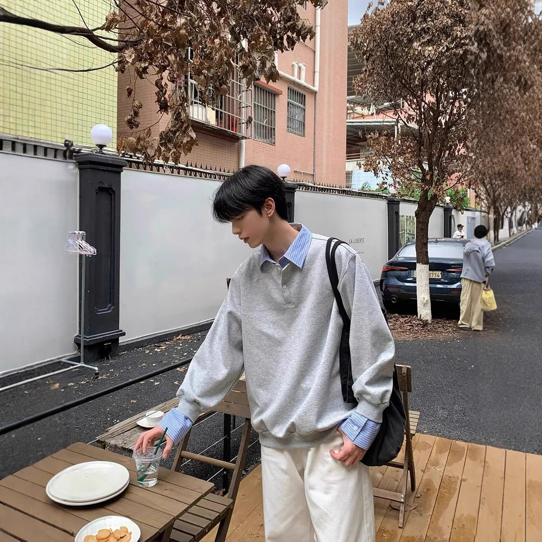 假两件polo卫衣男春秋季撞色拼接立领长袖韩系穿搭ins高级感