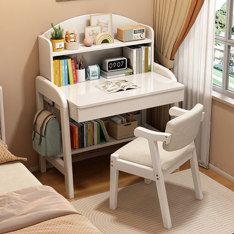 Solid Wood Children's Study Table, Small Apartment Desk, Bookshelf, Integrated Table, Bedroom, Liftable Writing Desk and Chair for Primary and Secondary School Students