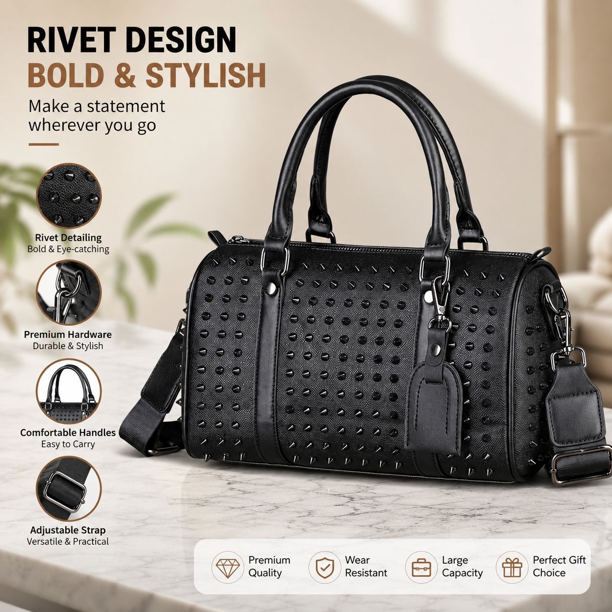 New European and American fashion studded handbag, large-capacity luggage bag, unisex shoulder and crossbody travel bag