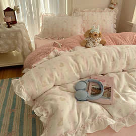 秋冬新款棉加绒四件套一面棉一面绒被套加厚保暖牛奶绒豆豆绒被单