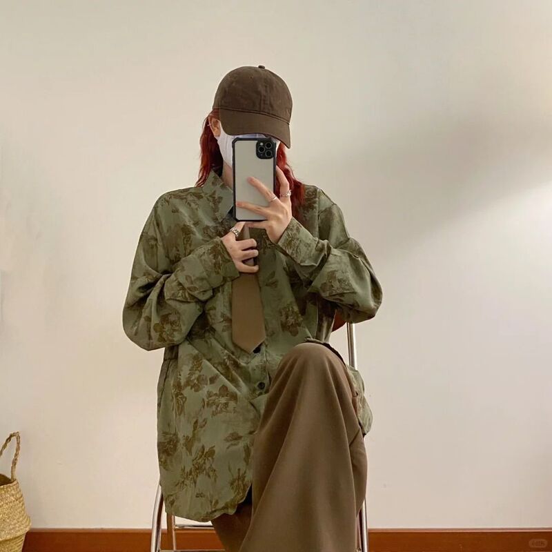 Japanese Retro Literary Tie Long-Sleeve Shirt for Women, Spring and Autumn Hong Kong Style Loose Slimming Niche Casual Cardigan Shirt