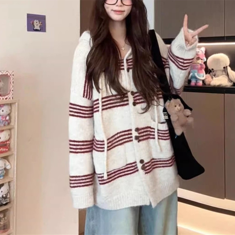 2025秋季时尚减龄宽松连帽针织开慵懒风撞色条纹长袖毛衣外套女|undefined