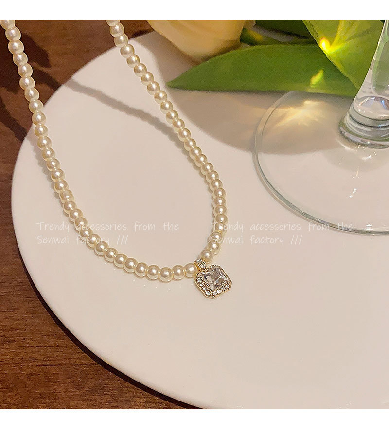 high-grade rhinestone square sugar pearl necklace for women light luxury minority elegant beaded clavicle chain internet celebrity same style ornament undefined