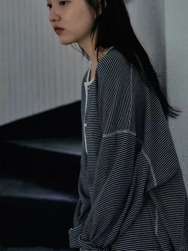 现货 条纹长袖T恤女2025秋季新款宽松休闲韩系翻领上衣viapla*n|undefined