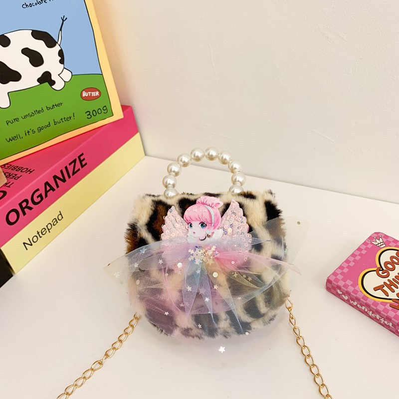 Nuevo leopardo arco bolso infantil peluche princesa de dibujos animados chica bolso de perlas bolso de hombro monedero