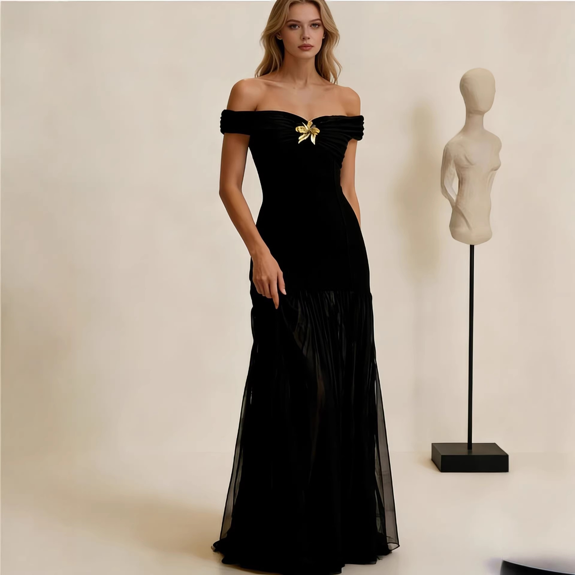 Women's Elegant Off Shoulder Backless Mesh Panel Flowy Maxi Dress – Sexy Summer Gown 2026_ecoleips.com