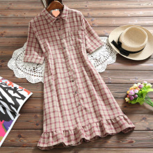 2025新款森女系格子棉麻连衣裙夏季文艺女装小清新宽松中长款衬衣